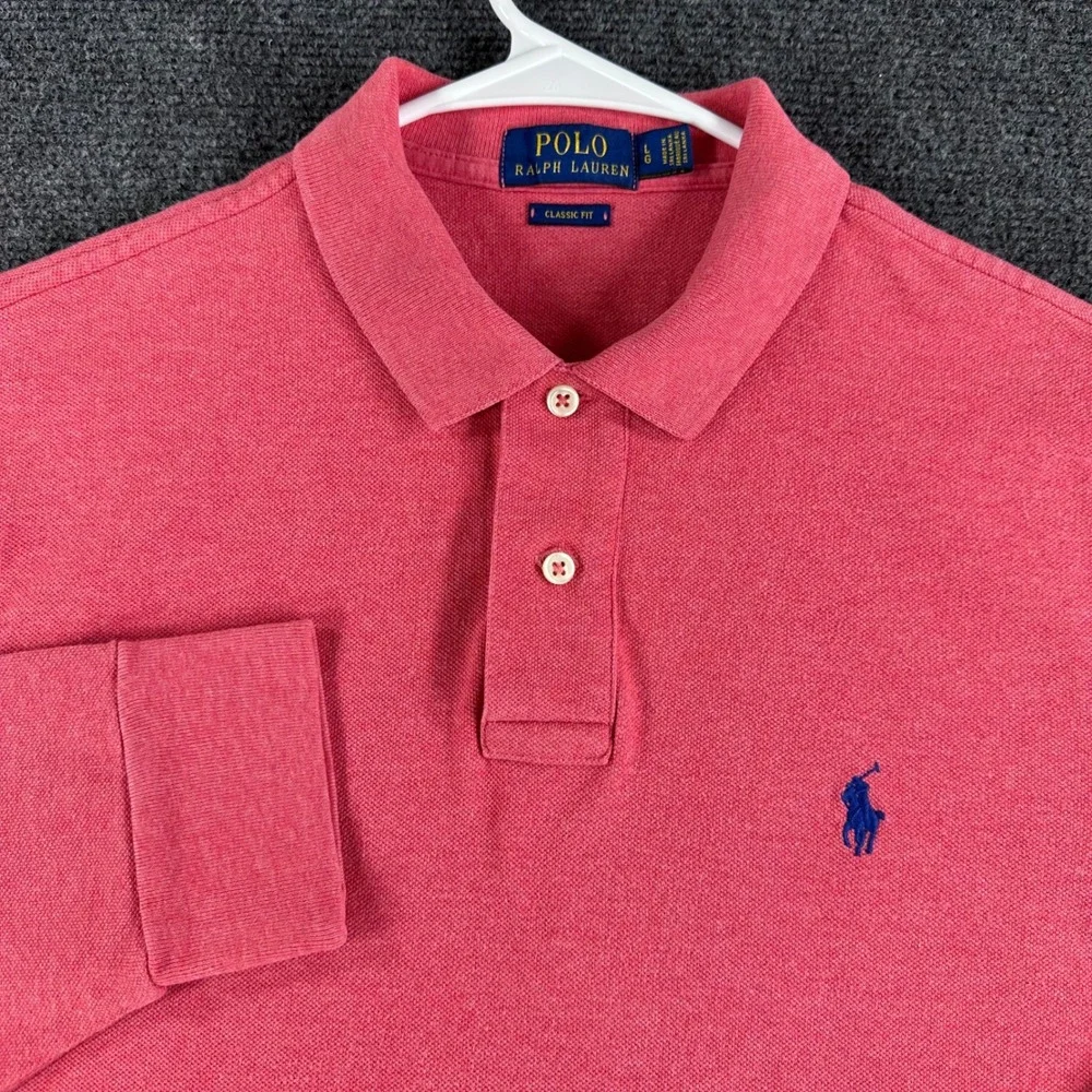 Polo Ralph Lauren Polo Shirt Mens LG Large‎ Pink Long Sleeve Classic Fit Pique
